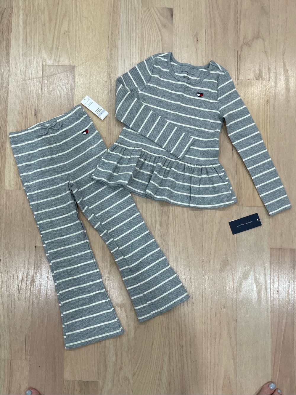 Tommy Hilfiger Gray & White Striped Girls Peplum Top and Pants Set